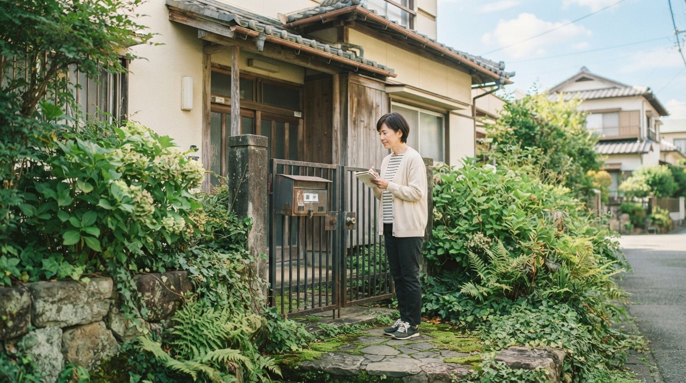 人の住んでいない実家の玄関まわりを点検しているイメージ