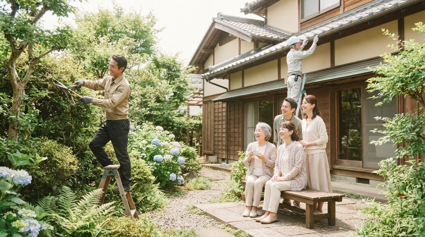 庭木が伸び放題になり、傷みが目立ち始めた空き家の外観