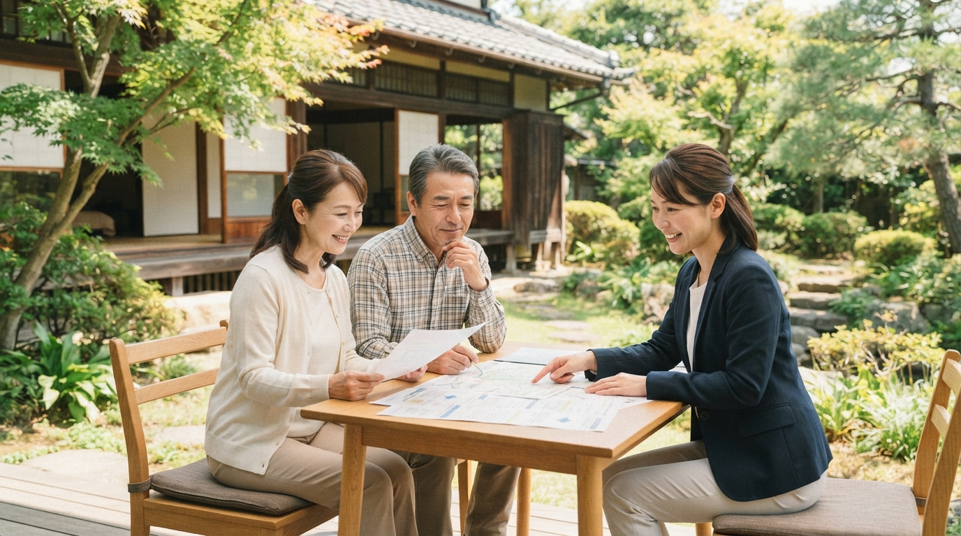 空き家になった実家の活用について書類を見ながら相談しているイメージ