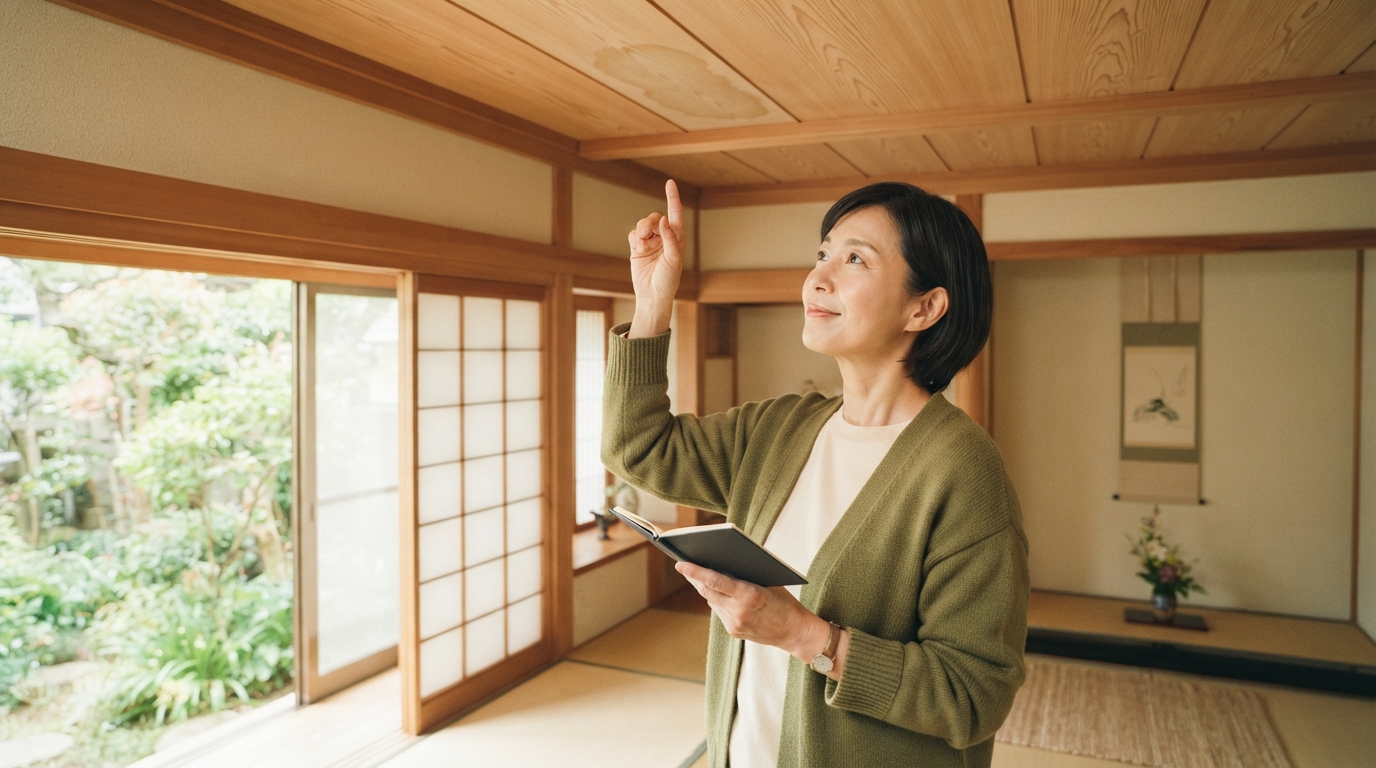 実家の天井にできた雨漏りのシミを見上げて確認しているイメージ