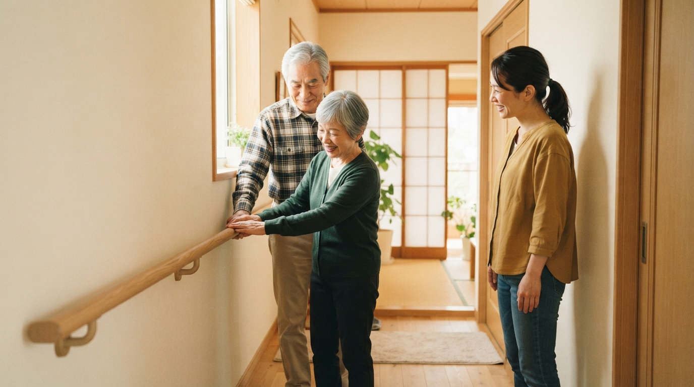実家の廊下に手すりを取り付けて安全性を確認しているイメージ