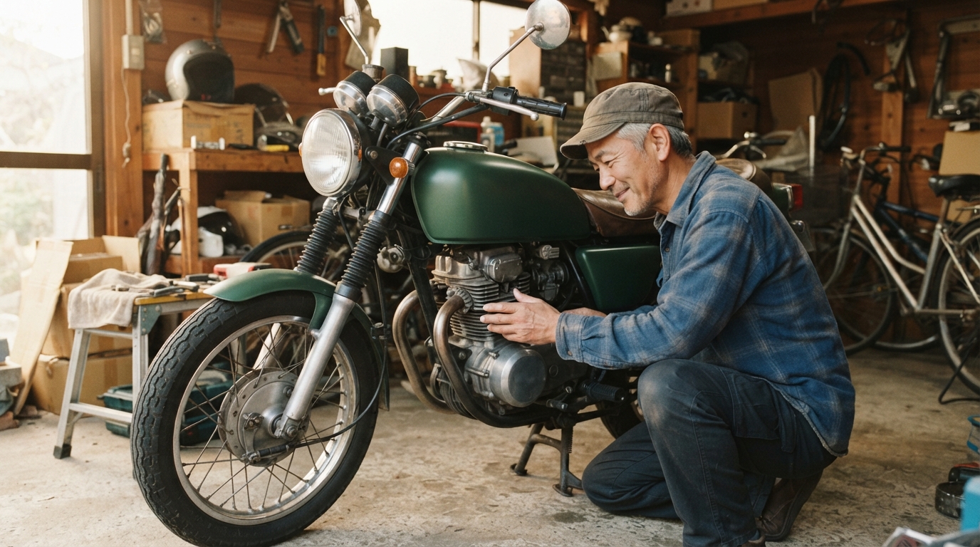 実家の車庫でカバーを外したバイクを、中年の人物が確認しているイメージ