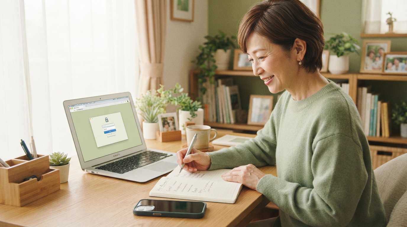 親のスマートフォンを手に、家族が使っているサービスや大切な情報について穏やかに話し合っている様子