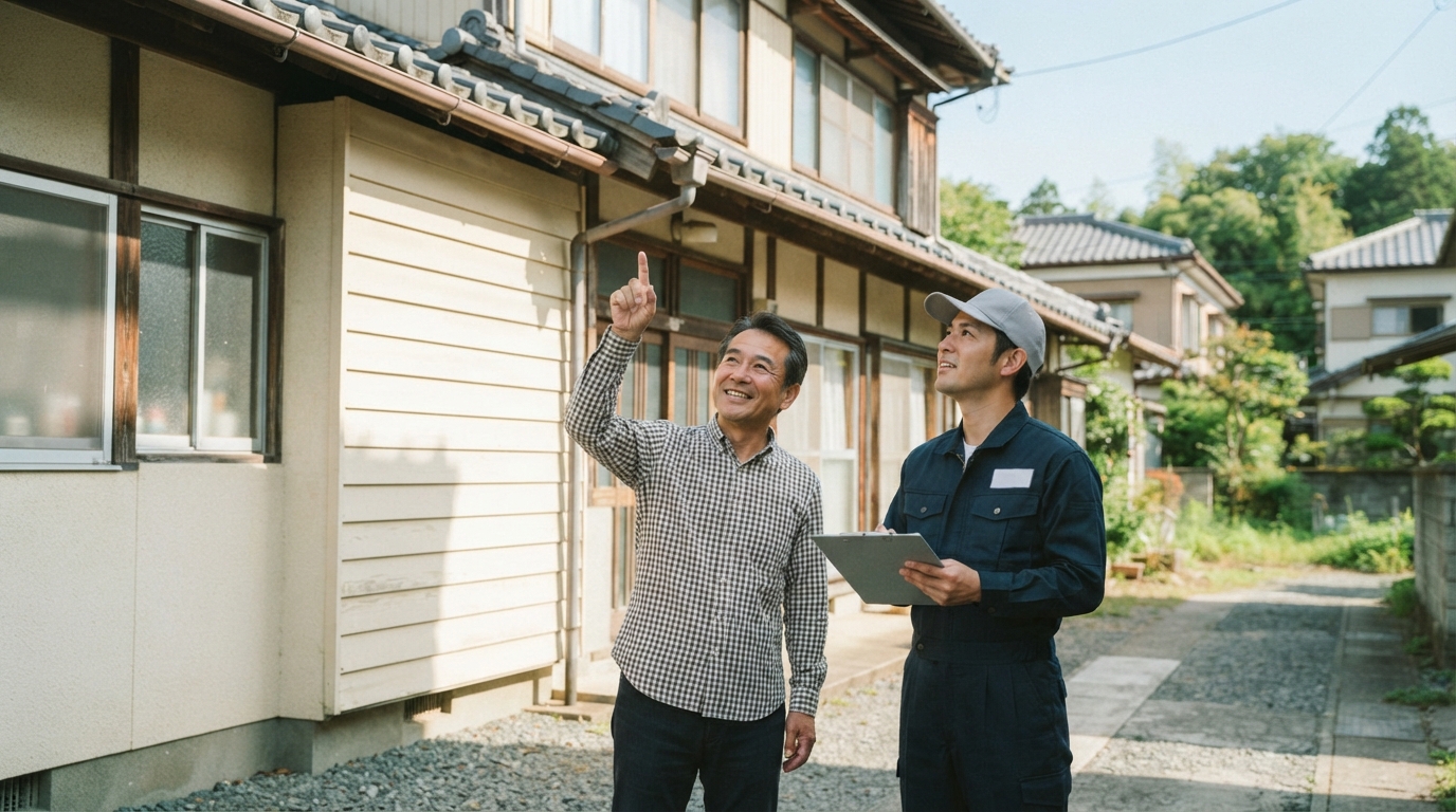 築年数の経った実家の外壁を見上げて状態を確認しているイメージ