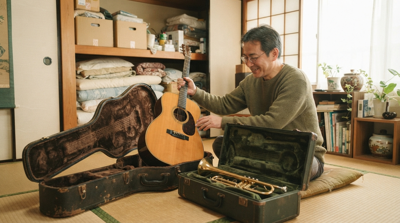 押し入れから出したギターケースと管楽器のケースを、中年の人物が開けて確認しているイメージ