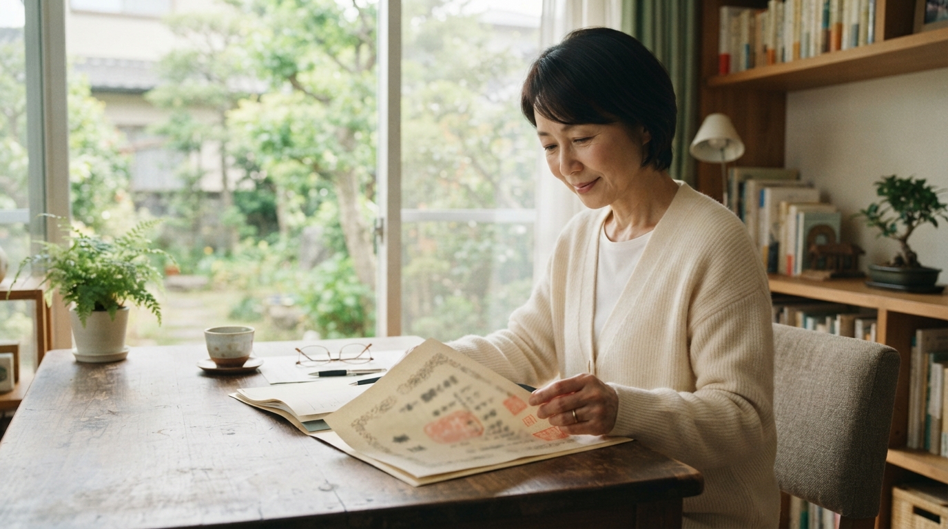 実家の書類の中から出てきたゴルフ会員権の証書を確認しているイメージ
