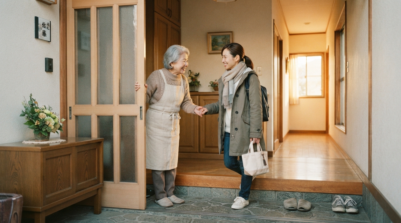久しぶりに帰省した子どもが実家の玄関で親と再会している様子