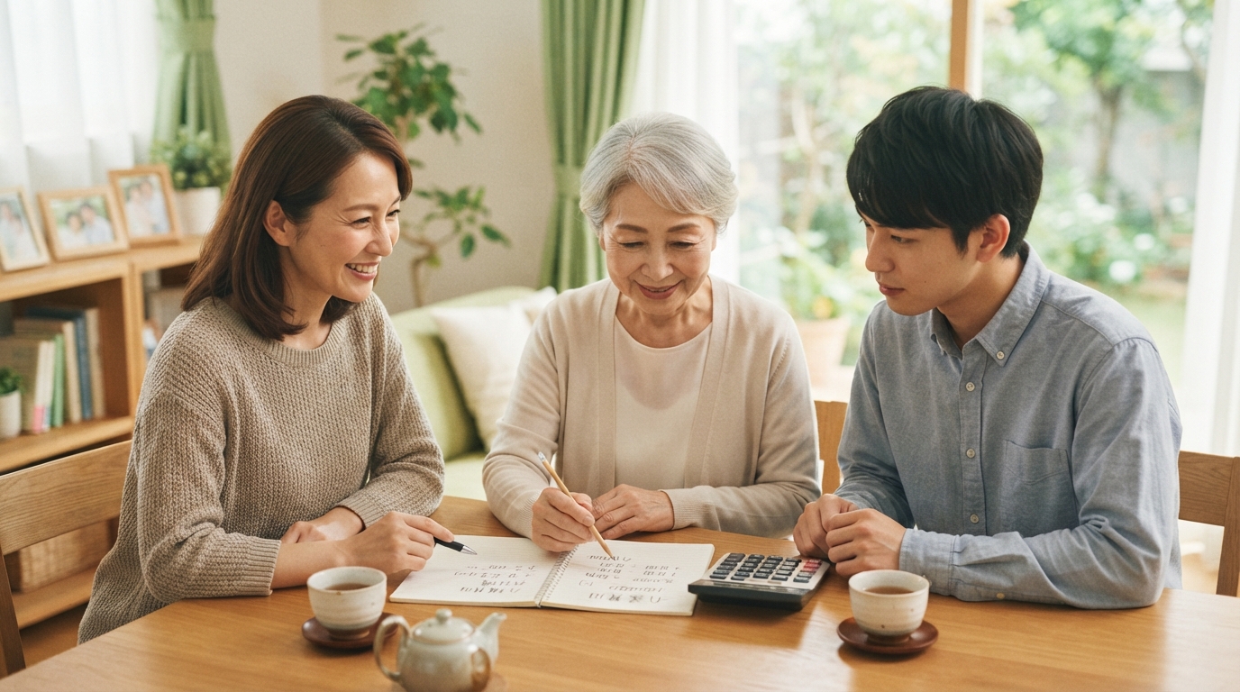 親の介護費用について、通帳や家計簿を前に兄弟で話し合う様子のイメージ