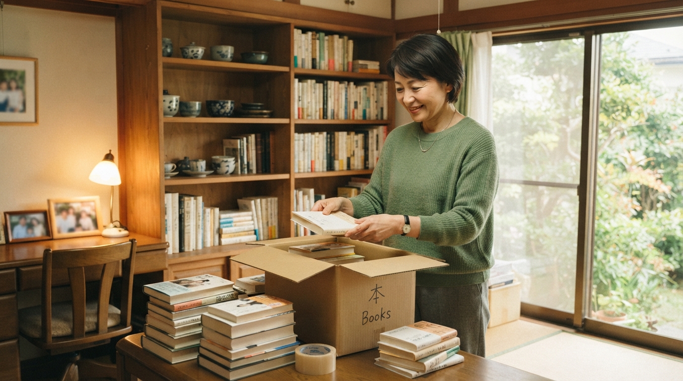 実家の書棚に並んだ大量の本を家族が整理しているイメージ