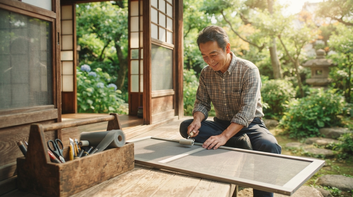 実家の網戸や建具の不具合を確認して手入れしているイメージ