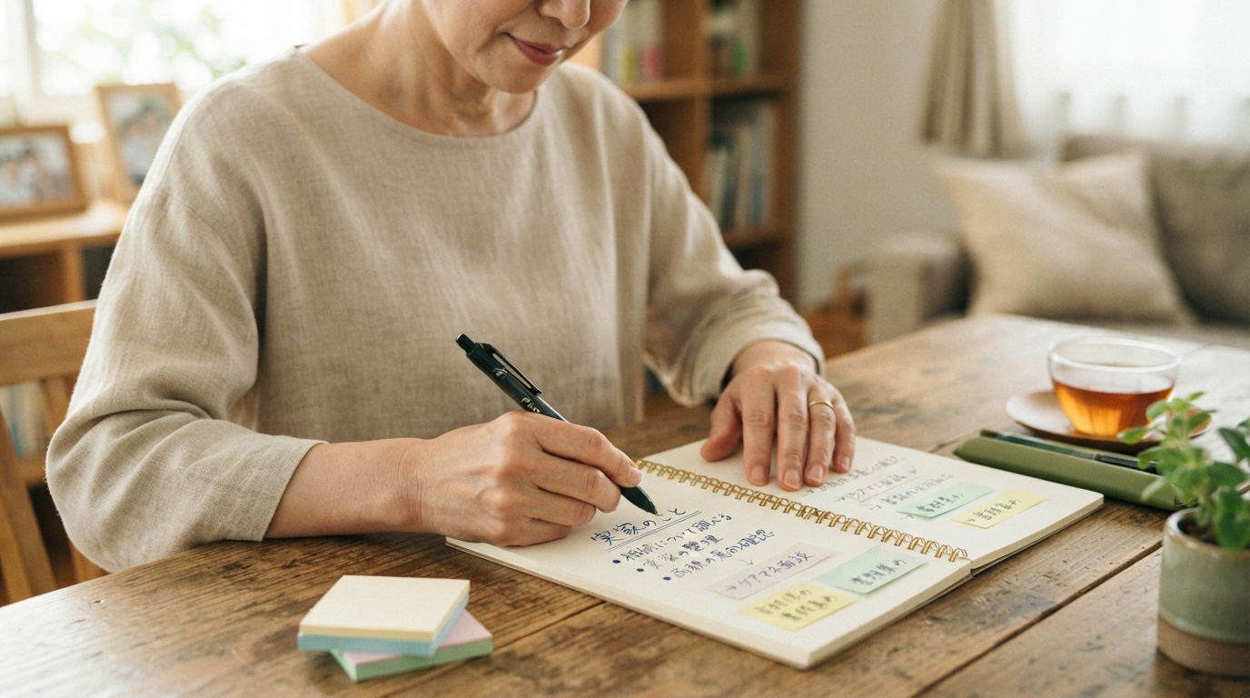 ノートに実家のことや心配ごとを書き出しながら、頭の中を整理している様子