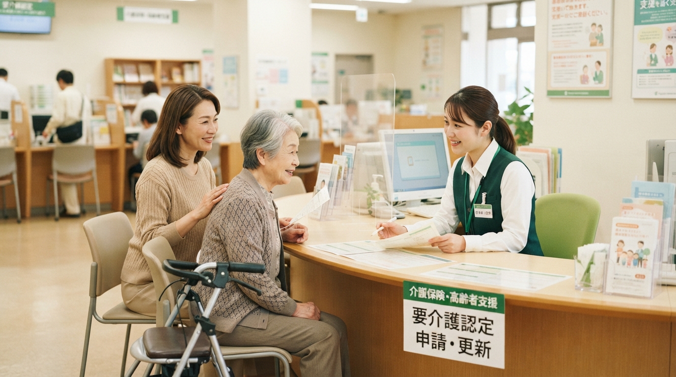 更新や区分変更の手続きについて、家族がケアマネジャーに相談している様子