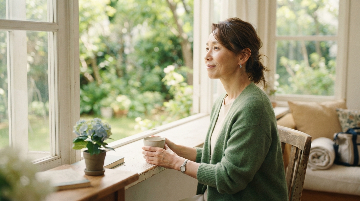 在宅で親の介護をする女性が、ソファに腰かけて少し目を閉じて休憩している様子