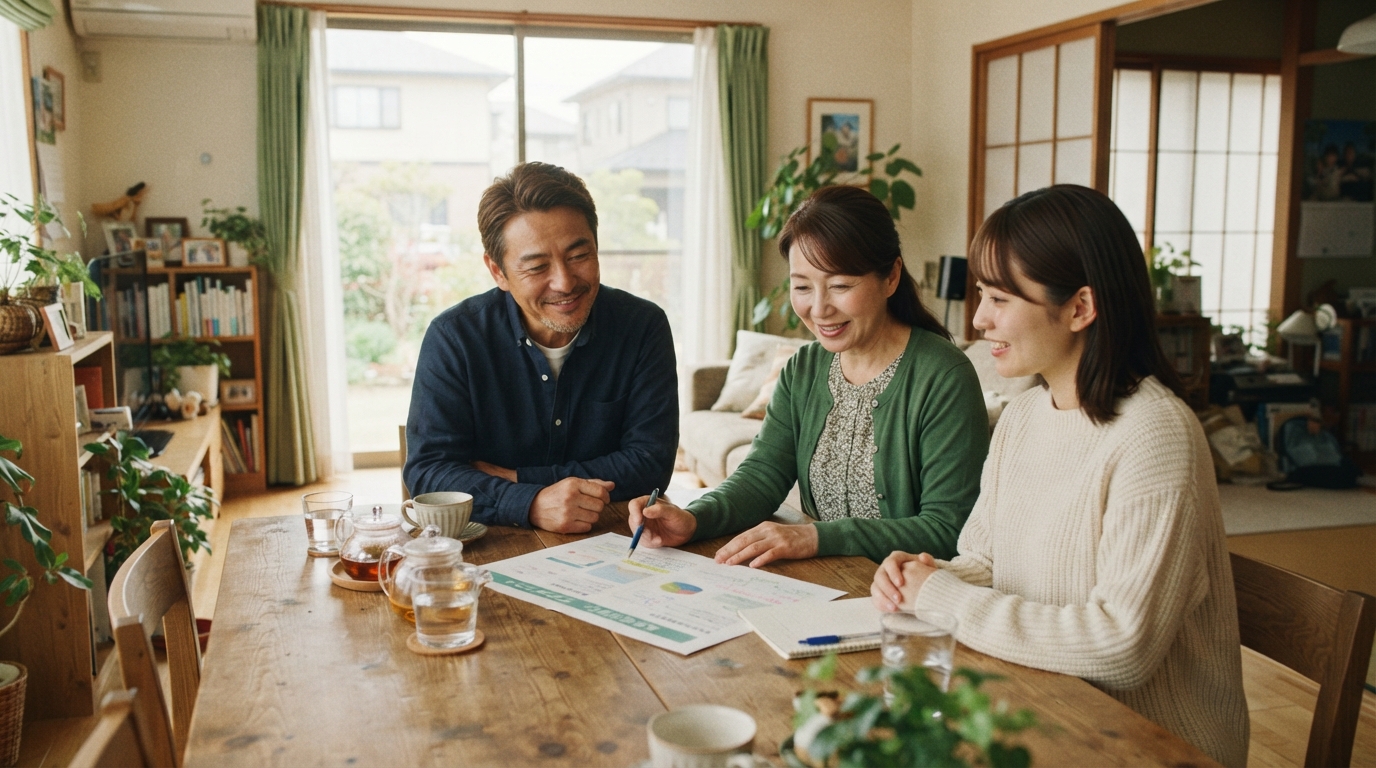 解体工事の見積もりを前に家族が今後を話し合っているイメージ