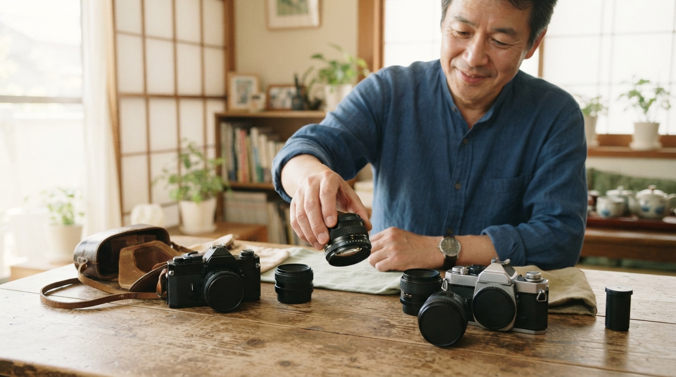 実家の押し入れから見つかった古いフィルムカメラとレンズのイメージ