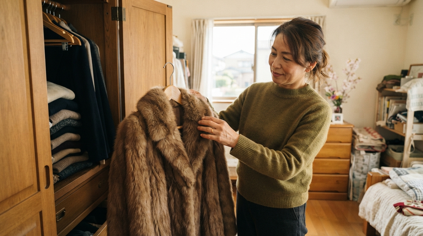 洋服箪笥から取り出した毛皮のコートを、中年の人物が明るい部屋で確認しているイメージ