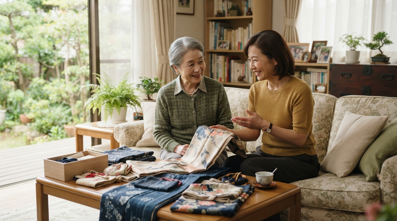 実家のタンスから出てきた着物を親子で広げて確認しているイメージ
