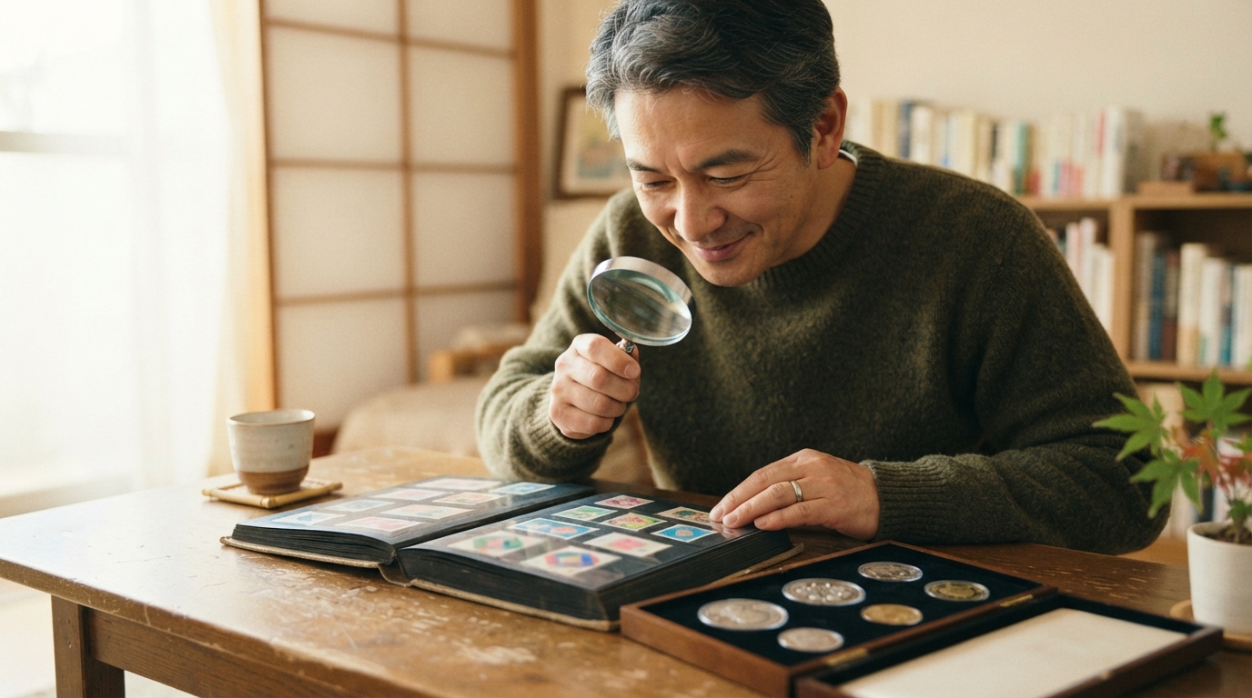 実家の引き出しから出てきた古い切手シートと記念硬貨を確認しているイメージ