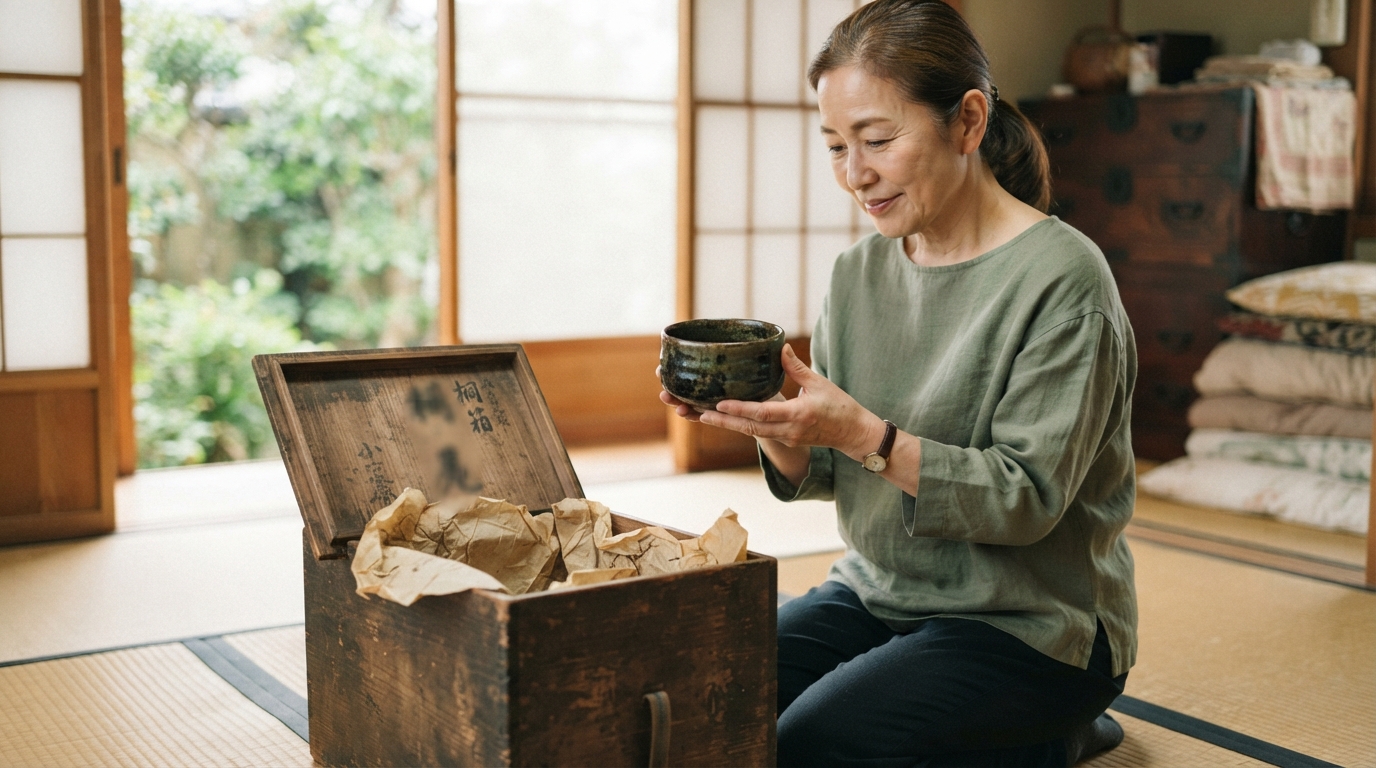 納戸から出した桐箱と器を、中年の人物が畳の上で慎重に確認しているイメージ