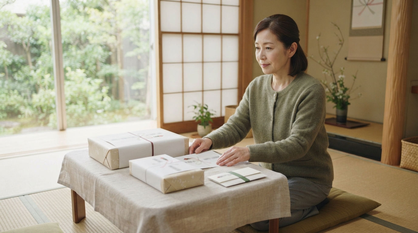 香典返しの品物と挨拶状を前に手配を進めているイメージ