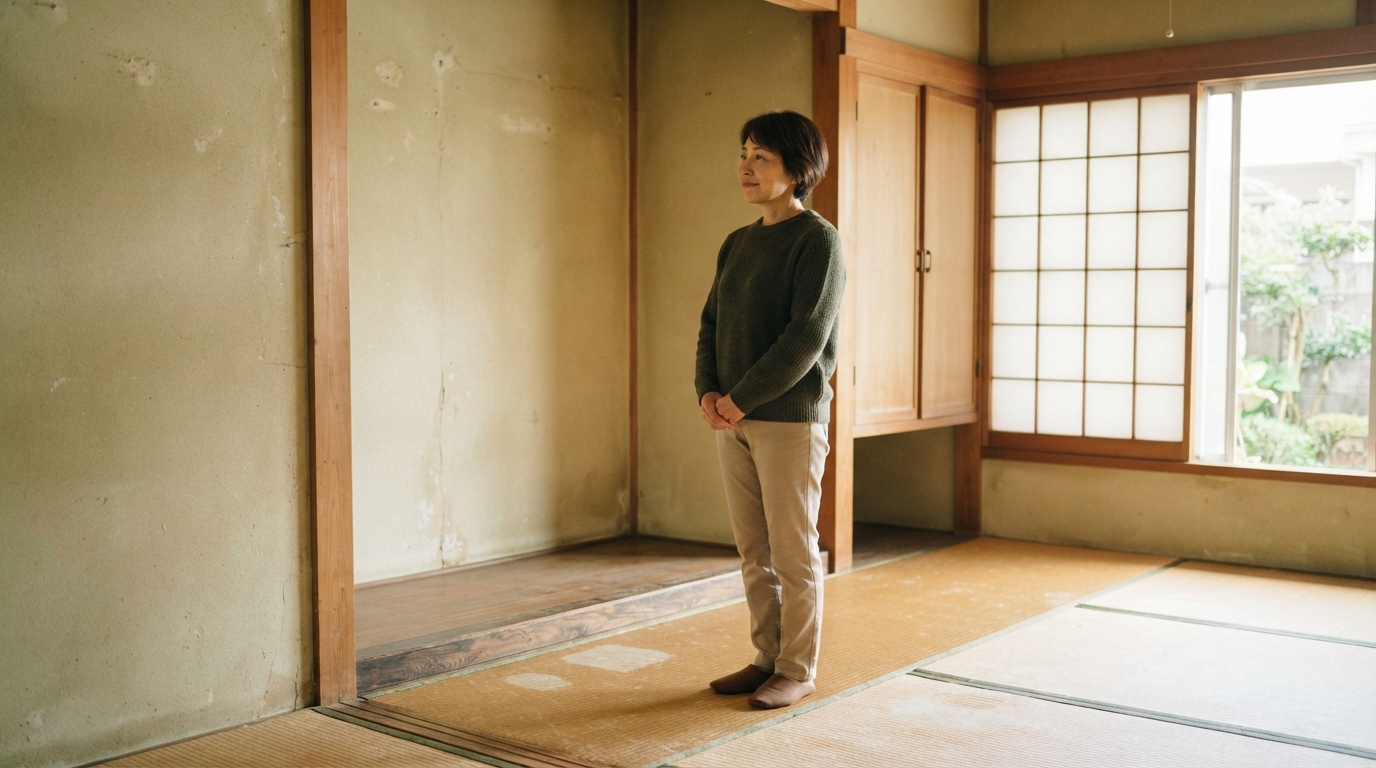 実家の和室と居間の壁と床を、中年の人物が見比べて確認しているイメージ