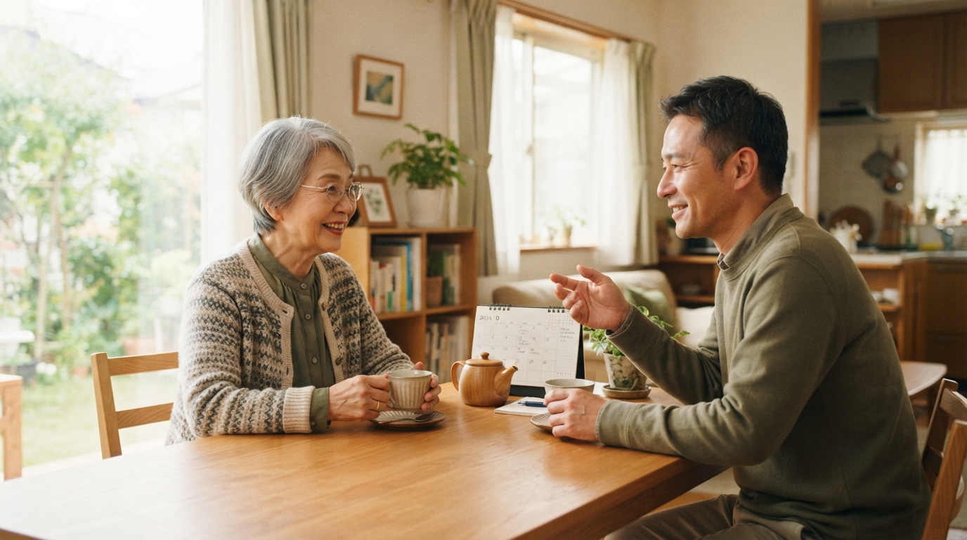 穏やかな表情で言葉を交わす親子の自宅での様子