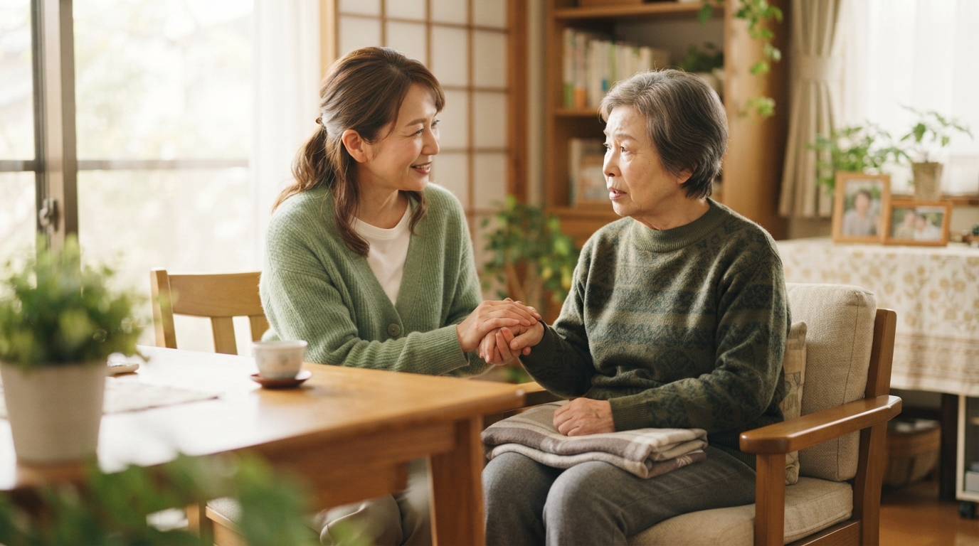 物忘れが増えた親にそっと寄り添いながら話しかける家族