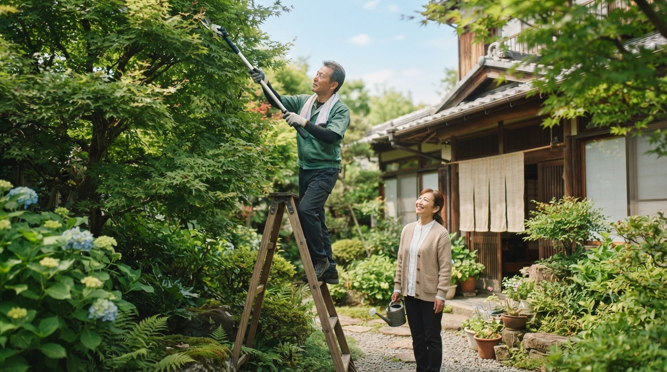 実家の庭で伸びすぎた庭木の状態を確認しているイメージ