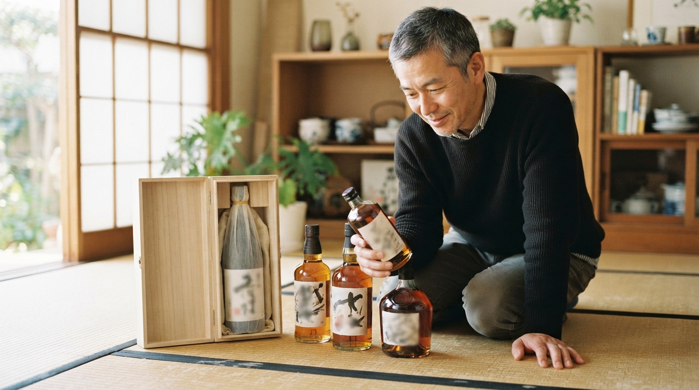 実家の押し入れから出てきた贈答用の日本酒とウイスキーの箱のイメージ
