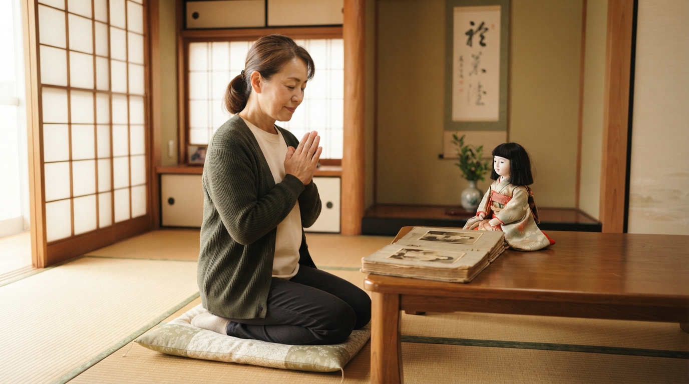 実家に飾られていた日本人形とアルバムを前に手を合わせているイメージ
