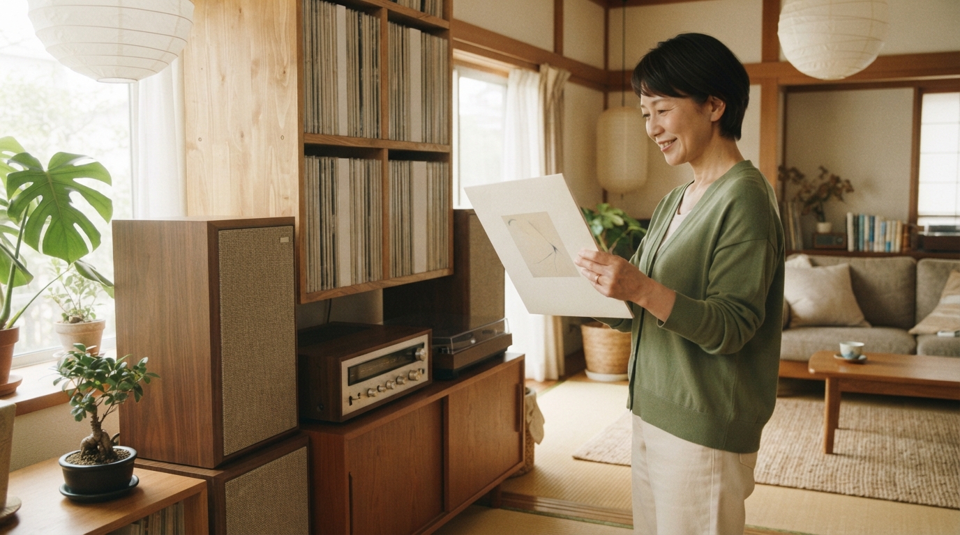 実家の棚に並んだレコードとオーディオ機器を確認しているイメージ