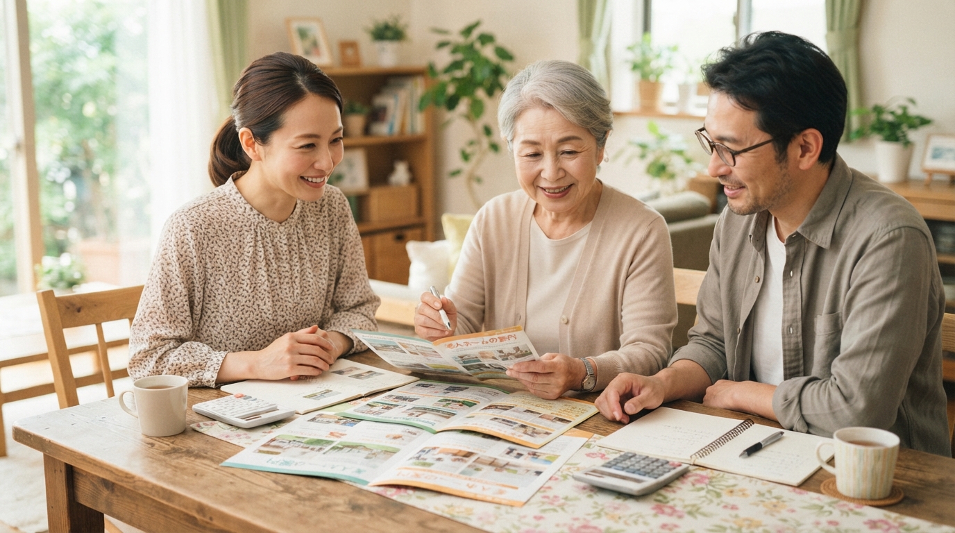 老人ホームのパンフレットを囲んで家族で費用について話し合う様子