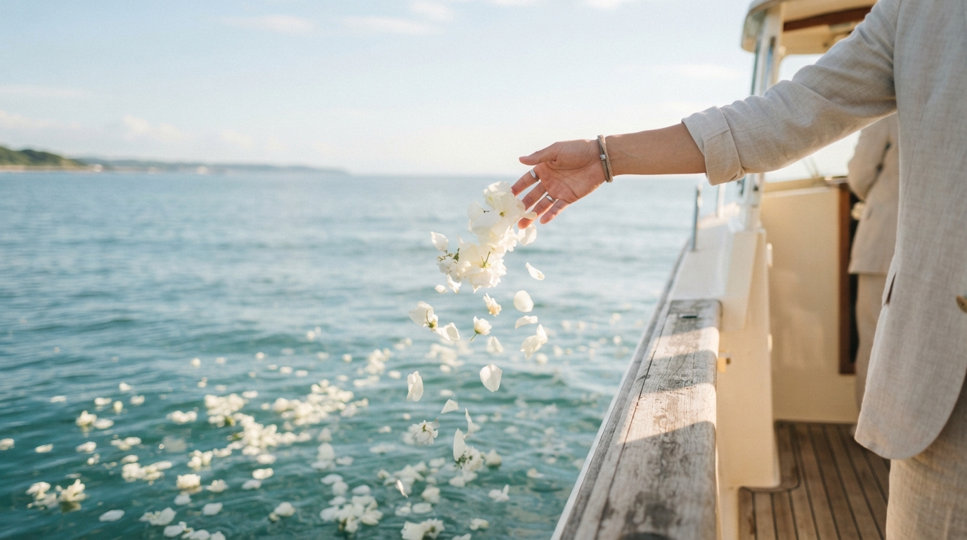 穏やかな海に花を手向けて故人を見送る散骨のイメージ