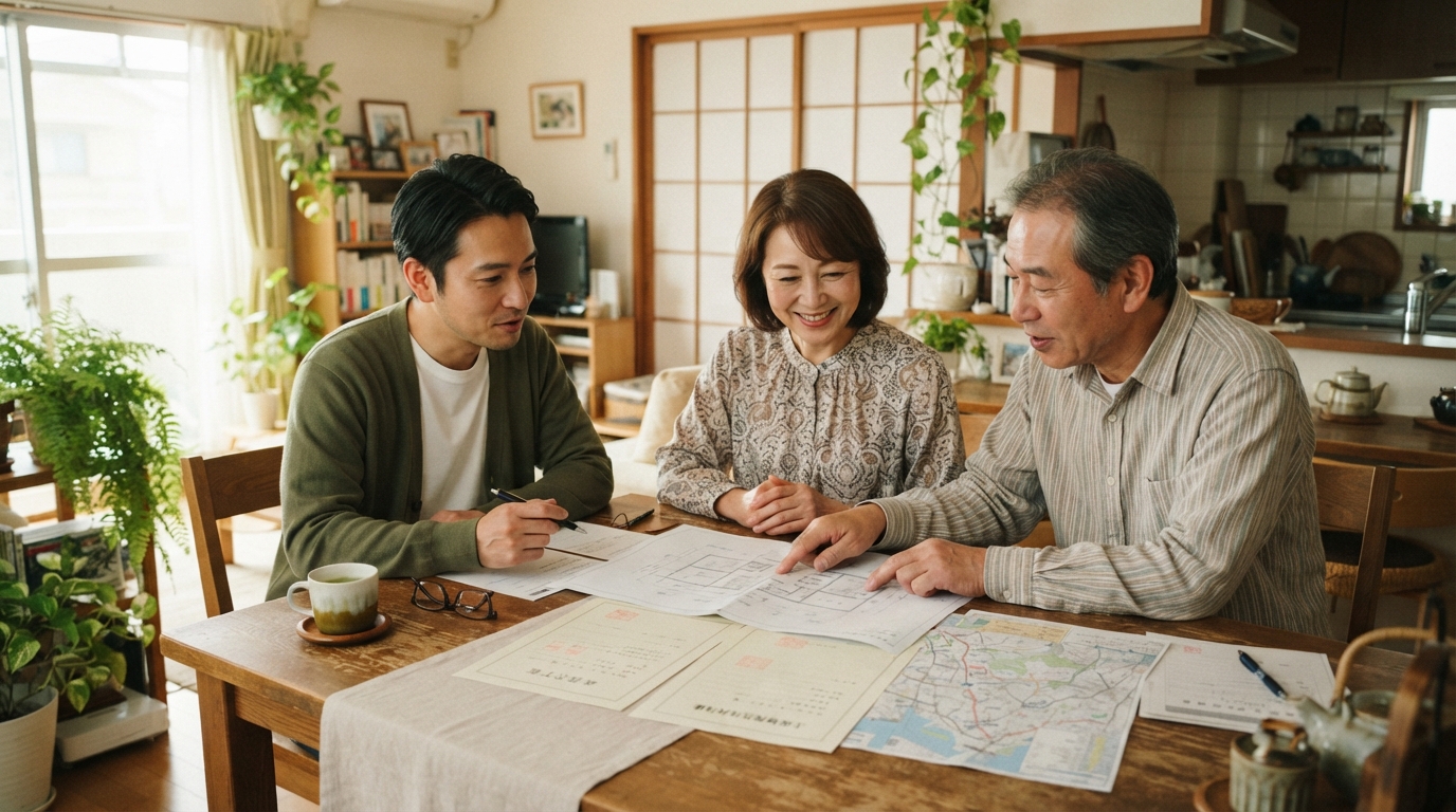 実家の土地の権利関係について書類を広げて確認しているイメージ