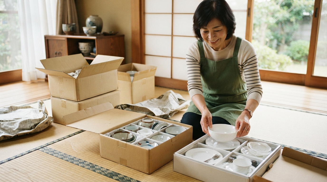 実家の戸棚から出てきた未使用の食器セットの箱を確認しているイメージ