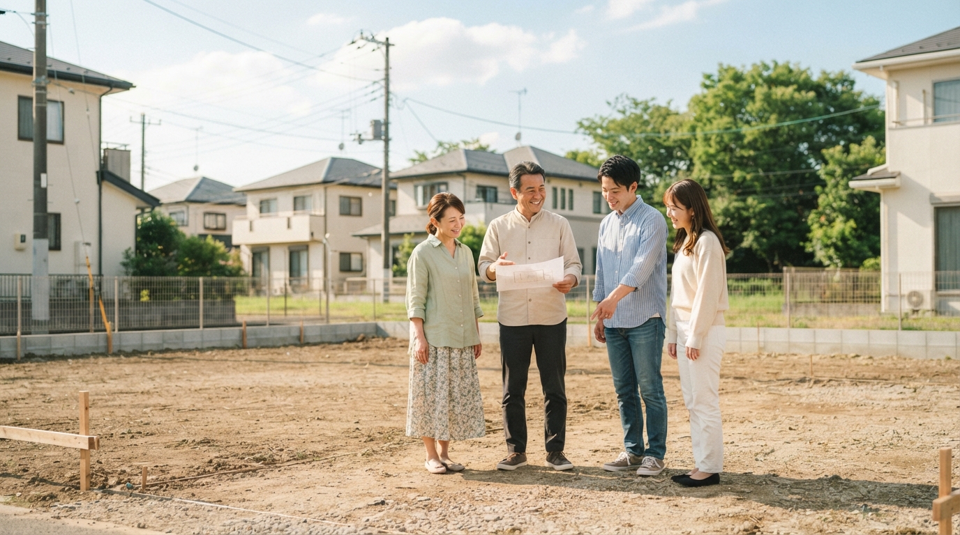 更地になった実家の土地を前に今後の使い道を相談しているイメージ