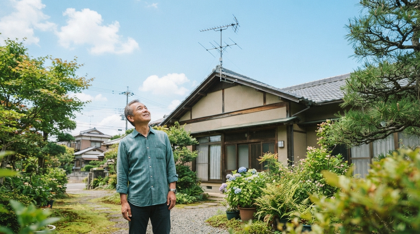 実家の屋根の上のテレビアンテナを地上から確認しているイメージ