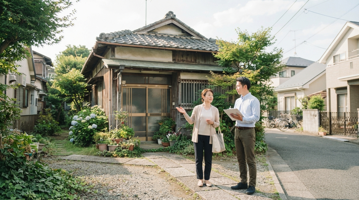 売却が難しい古い一戸建てを前に家族が相談しているイメージ
