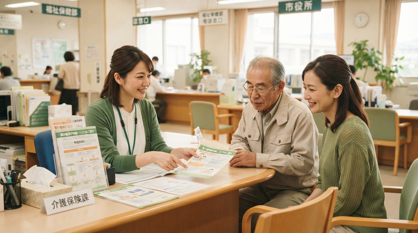 市区町村の窓口で要介護認定の申請書に記入する家族の手元